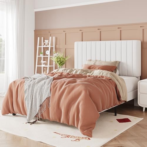 Allewie Twin Bed Frame, Velvet Upholstered Platform Bed with Adjustable Vertical Channel Tufted Headboard, Mattress Foundation with Strong Wooden Slats, Box Spring Optional, Easy Assembly, Off-White by Allewie