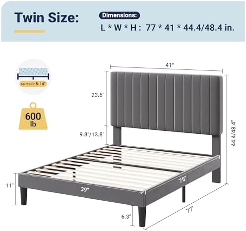 Allewie Twin Bed Frame, Velvet Upholstered Platform Bed with Adjustable Vertical Channel Tufted Headboard, Mattress Foundation with Strong Wooden Slats, Box Spring Optional, Easy Assembly, Grey - Image 2