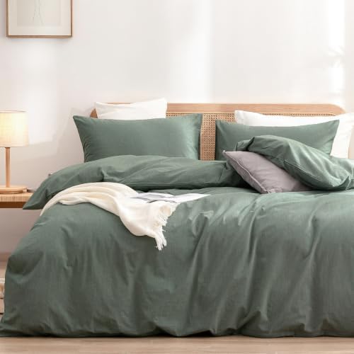 BESTOUCH Cotton Solid Duvet Cover Set Linen Feel Green King by BESTOUCH