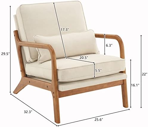 Bonnlo Fine Linen Beige Mid Century Modern Accent Chair, Soild Wood Padding Lounge Armchairs Side Sitting Chairs for Living Room, Bedroom, Guest Room - Image 2