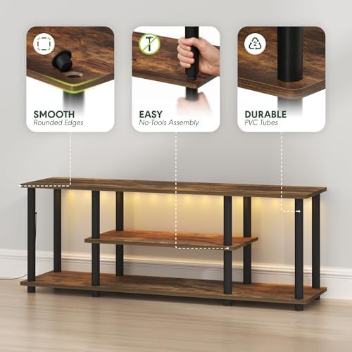 Furinno Turn-N-Tube 3-Tier No Tools TV Stand with LED Lights, Amber Pine - Image 2