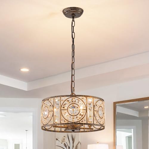 Bronze Vintage Crystal Chandeliers for Dining Room 14.17" Drum Pendant Lights, Dining Room Light Fixtures Over Table, Hanging Chandelier for High Ceiling Kitchen Island Living Room Foyer by Zicbol