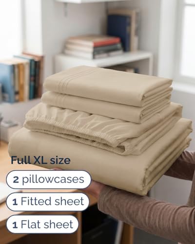 Full XL Sheets - 4 Piece Full XL Sheet Set - Breathable & Cooling - Cream - Image 3
