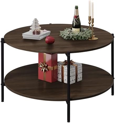 WLIVE Round Coffee Table for Living Room, 32.6" Small Coffee Table with Open Storage Shelf, 2-Tier Industrial Circle Wood Center Table for Bedroom, Home Office, Brown Walnut by WLIVE