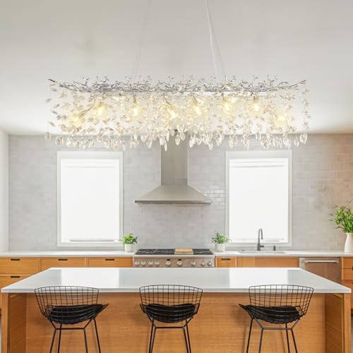 YUYI 47" Silver Crystal Chandelier, 14-Light Rectangular Tree Branch Chandeliers, Luxury Chandelier for Dining Room, Kitchen Island, Living Room, Foyer, Modern K9 Crystal Raindrop Light Fixture - Image 3