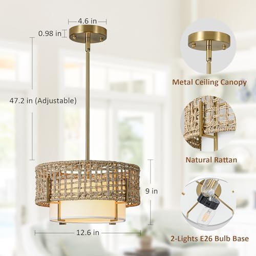 12.6" Rattan Pendant Light, Boho Chandelier for Kitchen Island - Image 2