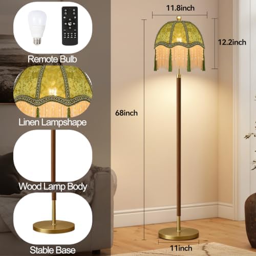 Wood Floor Lamps for Living Room Vintage Floor Lamp with Remote Control & 3 Color Temperature,Dimmable Floor Lamp Mid Century Modern Standing Lamp Green Fringe Tall Floor Lamp for Bedroom Corner - Image 5