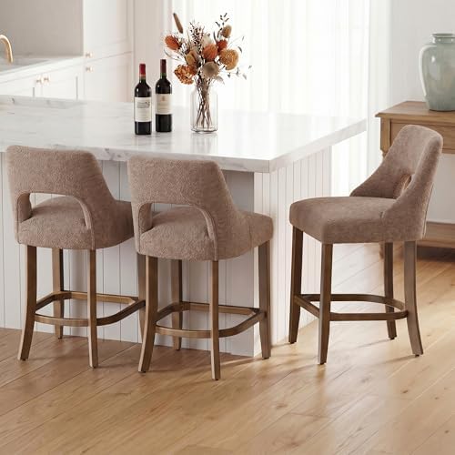 UVV Bar Stools Set of 6, Upholstered Counter Height Bar Stools, Modern Counter Stools with Wood Legs for Kitchen Island Dining Room Bar, Khaki - Image 3