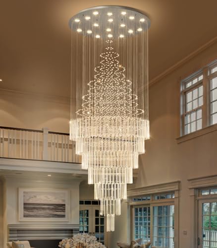 HAIXIANG W40 x H120 Glam Chandelier with LED Bulbs Crystal Raindrop High Ceiling Pendant Light for Entrance Large Villa Chandelier Foyer Lighting Fixtures Silver - Image 6