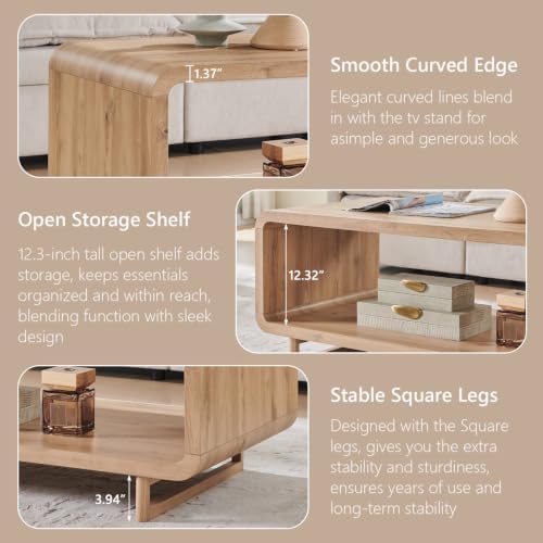 IFGET 48" Modern Coffee Table, 2-Tier Curved Center Table, Natural Oak - Image 6