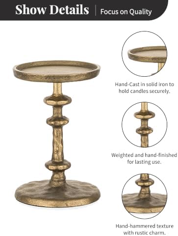 NUPTIO Pillar Candle Holder Gold: Antique Brass Cast Iron Candle Stand - Image 6