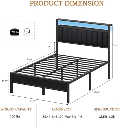 Furnulem Queen Size Bed Frame with Charging Station and LED Lights - Image 2