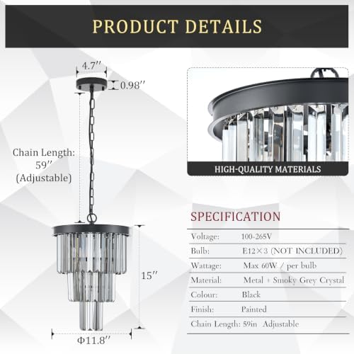CATINER 12" Smoke Gray Crystal Chandeliers,3 Lights Black Pendant Light - Image 2