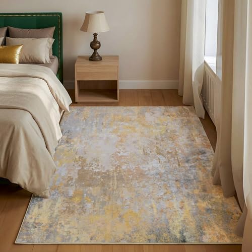 Beige Gold Entryway Rug 3x5 Door Mat Indoor Entrance 36x60, Washable Small Throw Rugs for Kitchen Floor, Entry, Front Door, Bedroom Bedside, Non-Slip Low Pile Stain & Fade Resistant, Abstract - Image 3