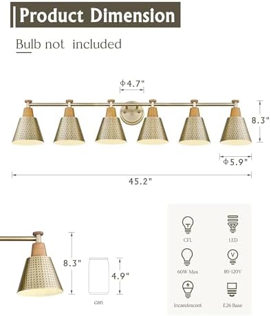 FEMILA Gold Light Fixture Bathroom, 6 Light Brushed Gold Vanity Light, 45.3" Bathroom Lighting Fixture Over Mirror, 4FG59B-6W BG - Image 2