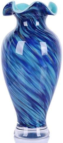 12" Tall Hand Blown Glass Vase – Pretty Ruffle Wide Mouth Decorative Flower Vase, for Modern Home Decor, Ideal Centerpiece for Living Rooms, Wedding & Home Decor by LINYTHER
