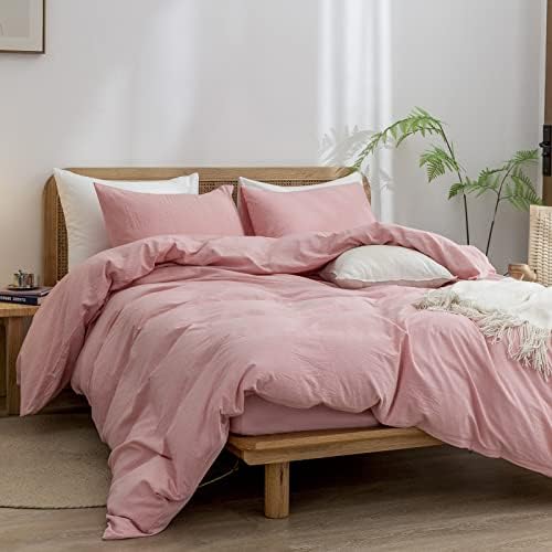 BESTOUCH Cotton Solid Duvet Cover Set Linen Feel Red Pink Full - Image 4