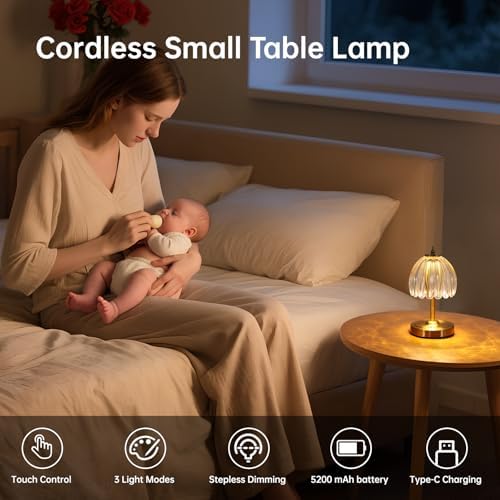 Shenmoyl Tulip Small Table Lamp, 5200mAh Cordless Touch Control Mini Table Lamp with 3 Color Temps & Stepless Dimming, Perfect for Small Spaces like Dressers, Bedsides, Bookshelves (Transparent Tulip) - Image 2