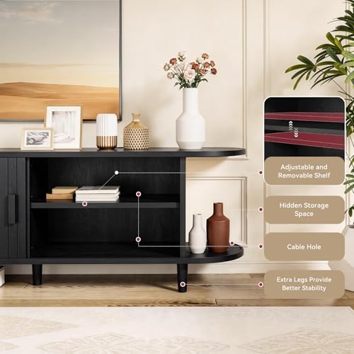 70" Mid Century Modern TV Stand with Power Outlet, Fluted Entertainment Center with Storage and Adjustable Shelves, Wood TV Console with Sliding Doors for Living Room, Black - Image 6
