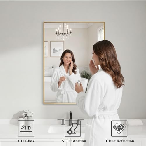 Koonmi Gold Rectangle Wall Mirror, 20x30 Inch Bathroom Mirror, Aluminum Frame Vanity Mirror for Entryway, Living Room, Bedroom Bathroom, Hangs Horizontally or Vertically - Image 3