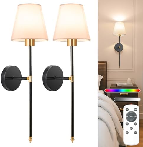 NIORSUN Battery Operated Wall Sconce Set of 2,Gold-Black Rechargeable Wall Lights with 10400mAh Dimmable Bulbs and Remote,9 Colors Wireless Wall Lamps for Bedroom Living Room Hallway Decor by NIORSUN