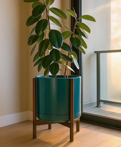 D'vine Dev Ceramic Pot with Walnut Wood Stand, Teal, 14 in, 55-B-T-4 - Image 2
