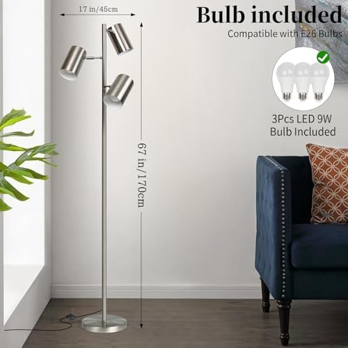 Tree Floor Lamp with 3 Light Bulbs,Nickel Standing Tall Pole Lamp with 3 Adjustable Rotating Lights,Farmhouse Floor Lamp for Living Room Bedroom Office,Vintage Standing Lamp 9W E26 LED Bulbs Included. - Image 2