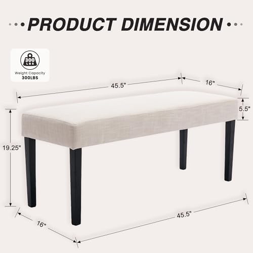 HNY Farmhouse Upholstered Dining Bench Seat Set of 2, 45" Linen Fabric Entryway Bench with Black Wood Legs, Mid Century Modern End of Bed Bench for Kitchen Bedroom Living Room Hallway, Beige - Image 2