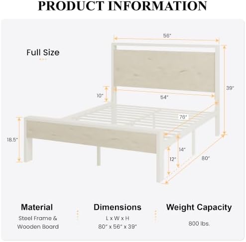 SHA CERLIN 14 Inch Full Metal Platform Bed Frame with Wooden Headboard and Footboard, No Box Spring Needed, Large Under Bed Storage, Heavy Duty Slats Support, White Washed Oak - Image 2