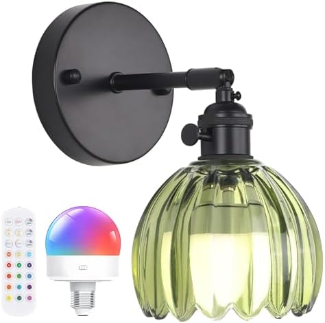 Shenmoyl Vintage Battery Operated Wall Sconce with Green Tulip Glass Lampshade Rechargeable Battery Powered Black Wall Light with Remote Control for Bedside Bedroom Doorway by Shenmoyl
