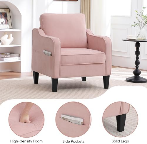 Accent Chair for Living Room, Mid Century Modern Reading Chair for Bedroom, Upholstered Armchair with Side Pockets, Comfy Single Sofa Side Chair for Office, Apartment, Small Room, Pink - Image 4