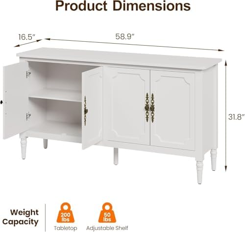 RoyalCraft 118" Buffet Cabinet with Storage, Vintage Sideboard with Adjustable Shelves, Mid Century Modern Painted Credenza Coffee Bar for Kitchen, Dining Room, Entryway, Living Room, Satin White - Image 2