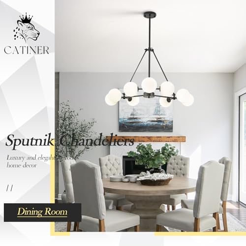 CATINER Modern 40" 9-Light Black Sputnik Chandelier with Milk Glass Globe - Image 6