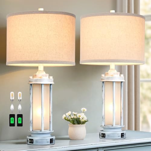 AIEAMPDO 25" Set of 2 Antique White Rustic Table Lamps 2 USB C+A Ports by AIEAMPDO