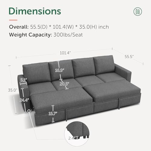 HONBAY Modular Sectional Sleeper Sofa Bed, with Pull Out Bed, Linen Convertible Sectional Couches for Living Room - Dark Grey - Image 2