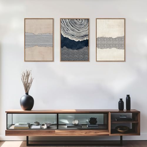 LHIUEM Large Abstract Navy Blue Beige Framed Canvas Wall Art,Modern Tree Rings Shapes Wall Decor,Neutral Retro Wooden Artwork for Living Room,Bedroom,Dining Room,Office -24"x36"x3 - Image 4