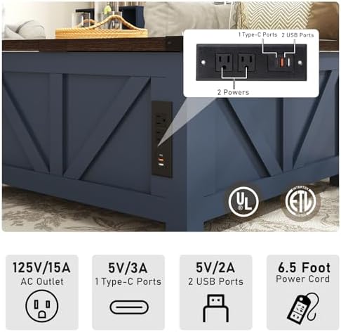 jimeimen Farmhouse Lift Top Coffee Table with Storage, Wood Square Center Table with Charging Station&USB Port, Living Room Table w/Large Hidden Space, for Living Room, Bedroom, Home Office, Blue - Image 4