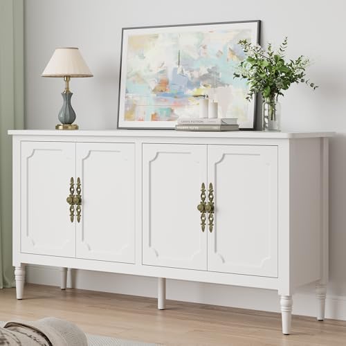 RoyalCraft Buffet Cabinet with Storage, 59" Vintage Sideboard with Adjustable Shelves, Mid Century Modern Painted Credenza Coffee Bar for Kitchen, Dining Room, Entryway, Living Room, Satin White - Image 3