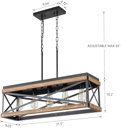 Rustic Farmhouse Wood Kitchen Island Lighting, 5 Lights Rectangular Pendant Light Fixture, Adjustable Chain Oak Wood and Metal Linear Chandelier for Dining Room Kitchen Island Farmhouse, Black - Image 4