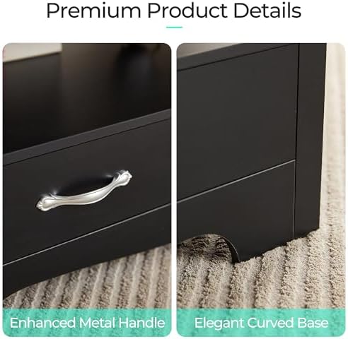 LINSY HOME Farmhouse Coffee Table with Storage, Wood Coffee Table for Living Room, Open Display Area and Storage Drawers with Metal Handles, Chic Style with Curved Base, Black - Image 5