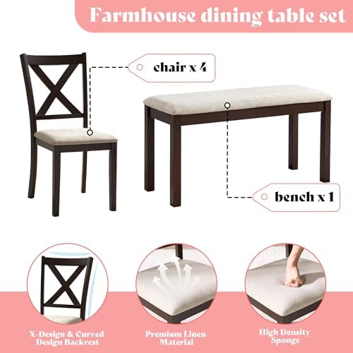 AMERLIFE 6 Piece Farmhouse Dining Set with 60" Solid Wood Table, Brown - Image 5