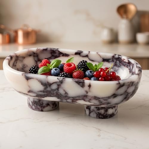 Calacatta Viola Marble Fruit Bowl, 10 Inch Large Oval Stone Fruits Holder with 2 Legs, Luxury Decorative Bowl for Kitchen Counter & Dining Table by Unknown