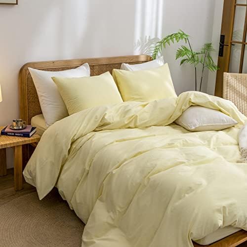 BESTOUCH Cotton Solid Duvet Cover Set Linen Feel Light Yellow King - Image 5