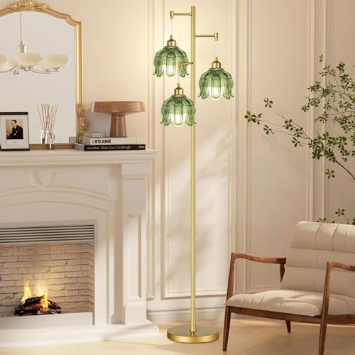 Vintage Floor Lamps for Living Room Bedroom-3 Light Gold Floor Lamp with Glass Lampshape, Flower Green Tall Lamp Mid Century Modern Standing Lamp Tree Floor Lamp for Bedroom Living Room Corner - Image 6