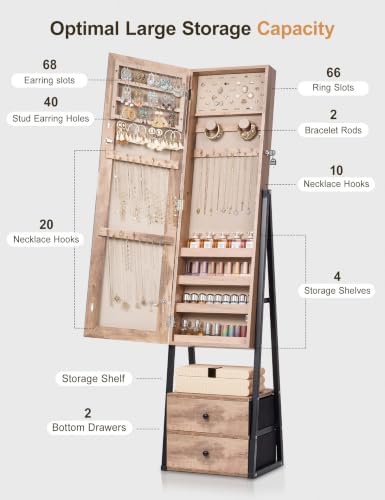 Nicetree Jewelry Cabinet Armoire, 2 Drawers, Full Length Mirror, Oak - Image 5