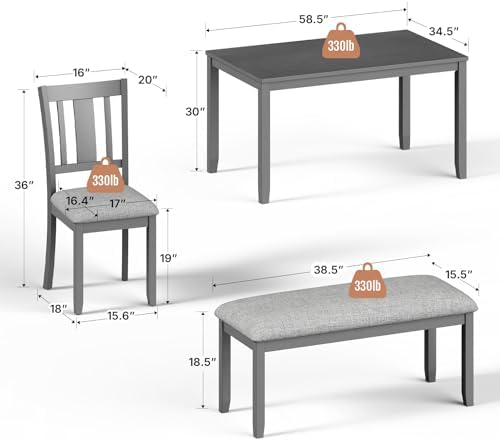 Zevemomo 6-Piece Solid Wood Dining Table Set, Dining Table Set for 6, Grey - Image 2
