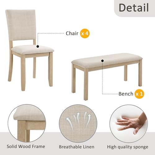 LUMISOL 6-Piece Dining Table Set with Bench, Rectangular Kitchen Table Set with U-Shaped Base, 4 Upholstered Chairs and Bench for Kitchen, Dining Room, Light Oak & Beige - Image 5