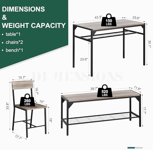 Shintenchi Dining Table Set for 4 with Bench and Chairs, Oak Gray - Image 4