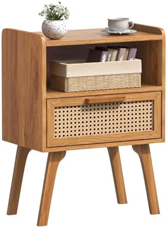 Lerliuo Rattan Nightstand, Side Table with Drawer Open Shelf by Lerliuo