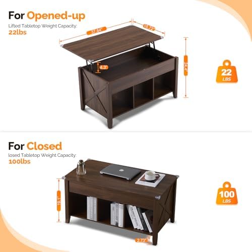 VINGLI Farmhouse Lift Top Coffee Table,38" Living Room Table,Rustic Brown - Image 2